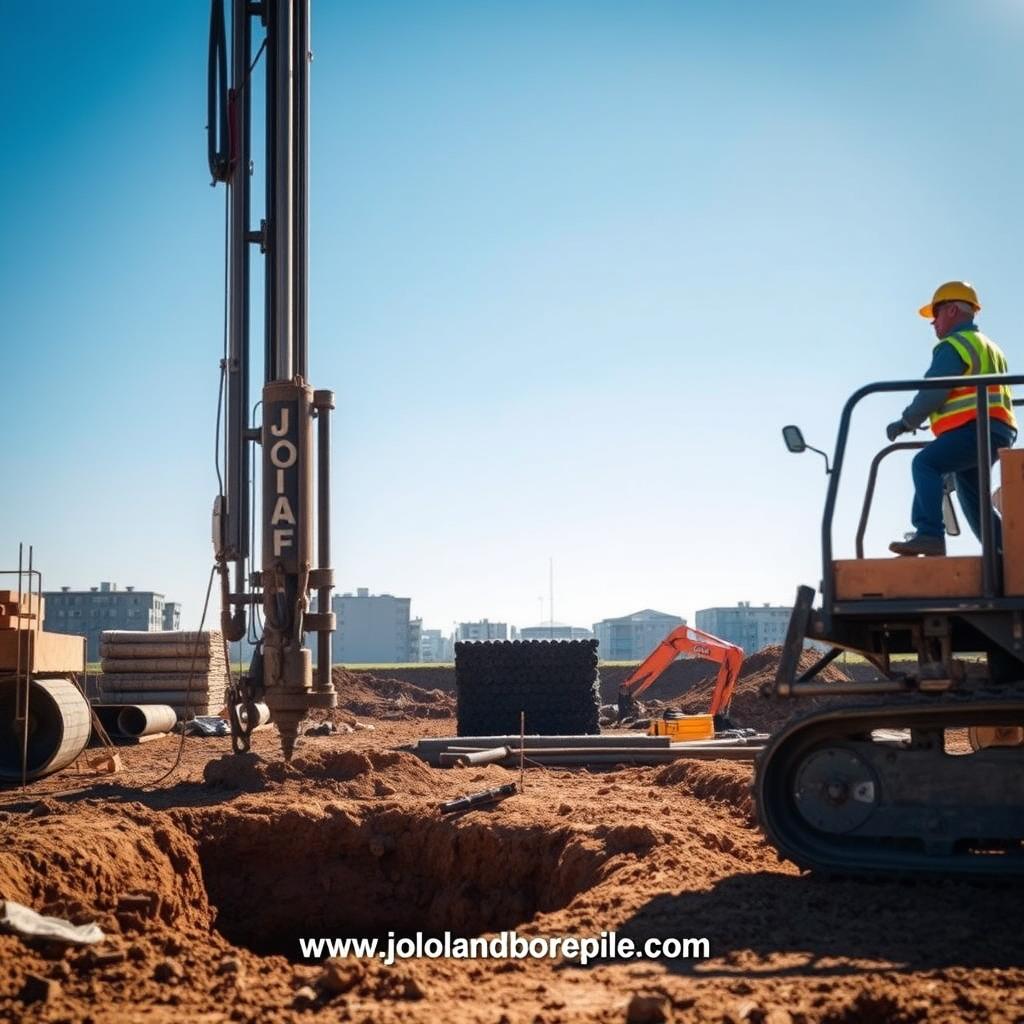 A detailed construction site scene showcasing the process of bore pile foundation installation. In the foreground, a large drill rig operated by an engineer in a hard hat and safety vest is actively boring a deep hole into the ground. The middle ground features a partially completed foundation with several stacked bore piles, surrounded by construction gear and materials. In the background, a clear blue sky is framed by the outlines of nearby buildings, creating a stark contrast with the rugged construction site. Soft, natural lighting enhances the realism of the scene, with shadows cast by the machinery. The atmosphere conveys a sense of industrious progress and technical precision. The website www.jowolandborepile.com is subtly integrated into the scene, ensuring a professional context.