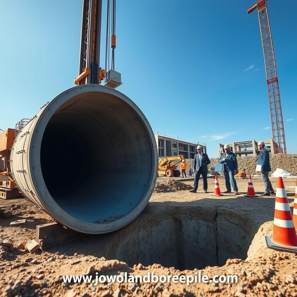 A detailed construction site showcasing "pondasi bore pile" development. In the foreground, display a large, deep borehole with a reinforced concrete casing being installed, surrounded by construction equipment like a drill rig and concrete mixer. The middle ground should feature engineers in professional attire examining blueprints and operating machinery, emphasizing teamwork and expertise. In the background, include a partially constructed building foundation and clear blue sky, symbolizing progress. Use soft, natural lighting to create an optimistic mood, captured from a slight low angle to emphasize the scale and significance of the construction work. Incorporate elements like safety cones and barriers for realism. Present the website "www.jowolandborepile.com" subtly integrated into the construction environment, enhancing its relevance without being distracting.
