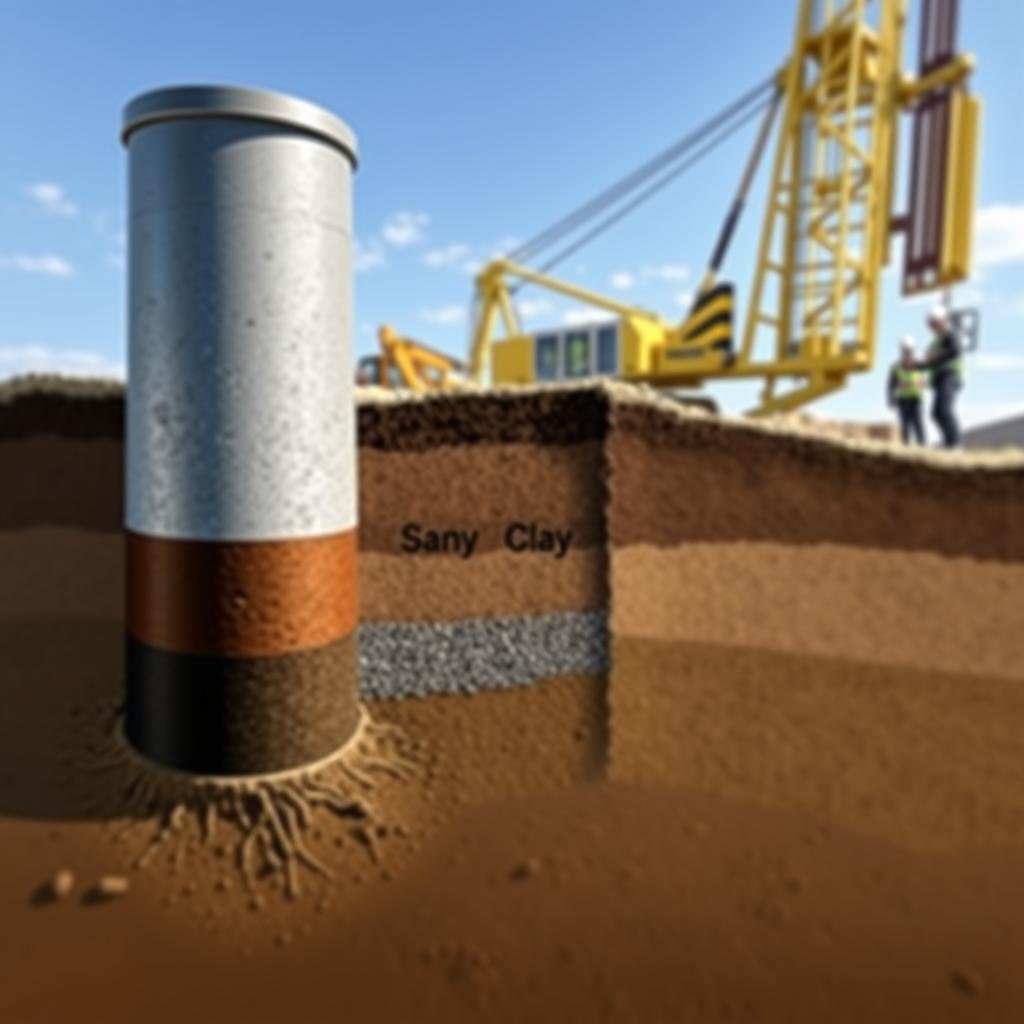 A detailed cross-section of a bore pile foundation, showcasing the layers and materials used in construction. The foreground features a large bore pile, meticulously illustrated to highlight its cylindrical shape and reinforcement steel. In the middle ground, the surrounding soil layers demonstrate different strata, with labels for sandy soil, clay, and gravel. The background includes construction equipment like a drilling rig and workers in professional attire, analyzing the site. The scene is bathed in natural daylight, creating a clear view, with shadows emphasizing the depth of the bore pile. A slight upward angle captures the scale and complexity of the foundation structure. The atmosphere conveys a sense of professionalism and engineering precision. For reference, include the brand name www.jowolandborepile.com subtly integrated into the design.