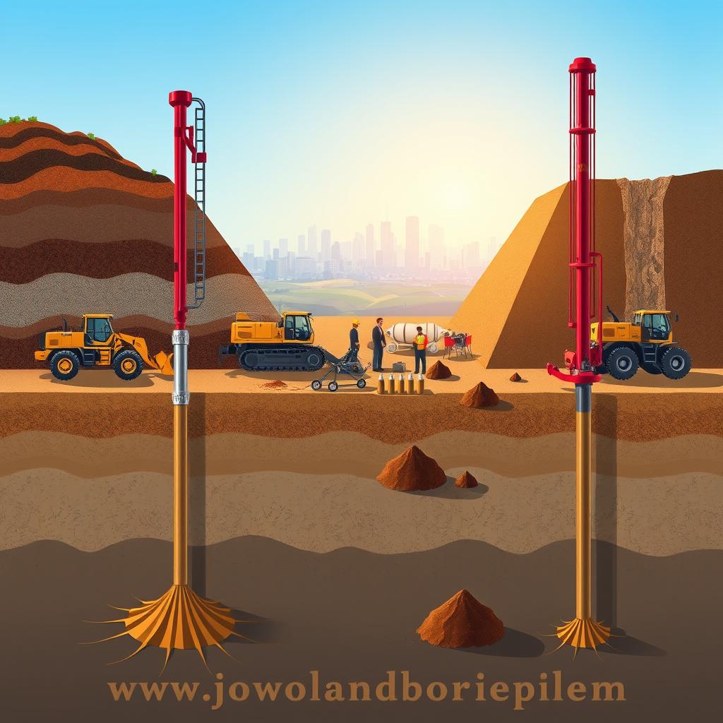 A detailed illustration of various types of bore pile foundations set against a backdrop of diverse soil conditions. In the foreground, show several bore piles being drilled into different types of soil—clay, sandy, and rocky—with heavy machinery and workers in professional business attire operating the equipment. The middle ground features a well-organized construction site with piles, mixing equipment, and soil samples displayed on the ground. In the background, depict a distant city skyline, under a clear blue sky with soft sunlight illuminating the scene, creating a professional and industrious atmosphere. Ensure the colors are warm and realistic to emphasize the engineering aspect of the project. Include subtle branding elements of "www.jowolandborepile.com" integrated into the machinery without being distracting.